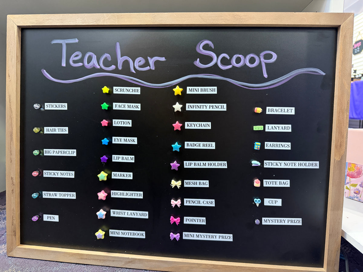 A framed blackboard sign labeled 'Teacher Scoop' with colorful star icons and a list of classroom treats and prizes, photographed indoors.