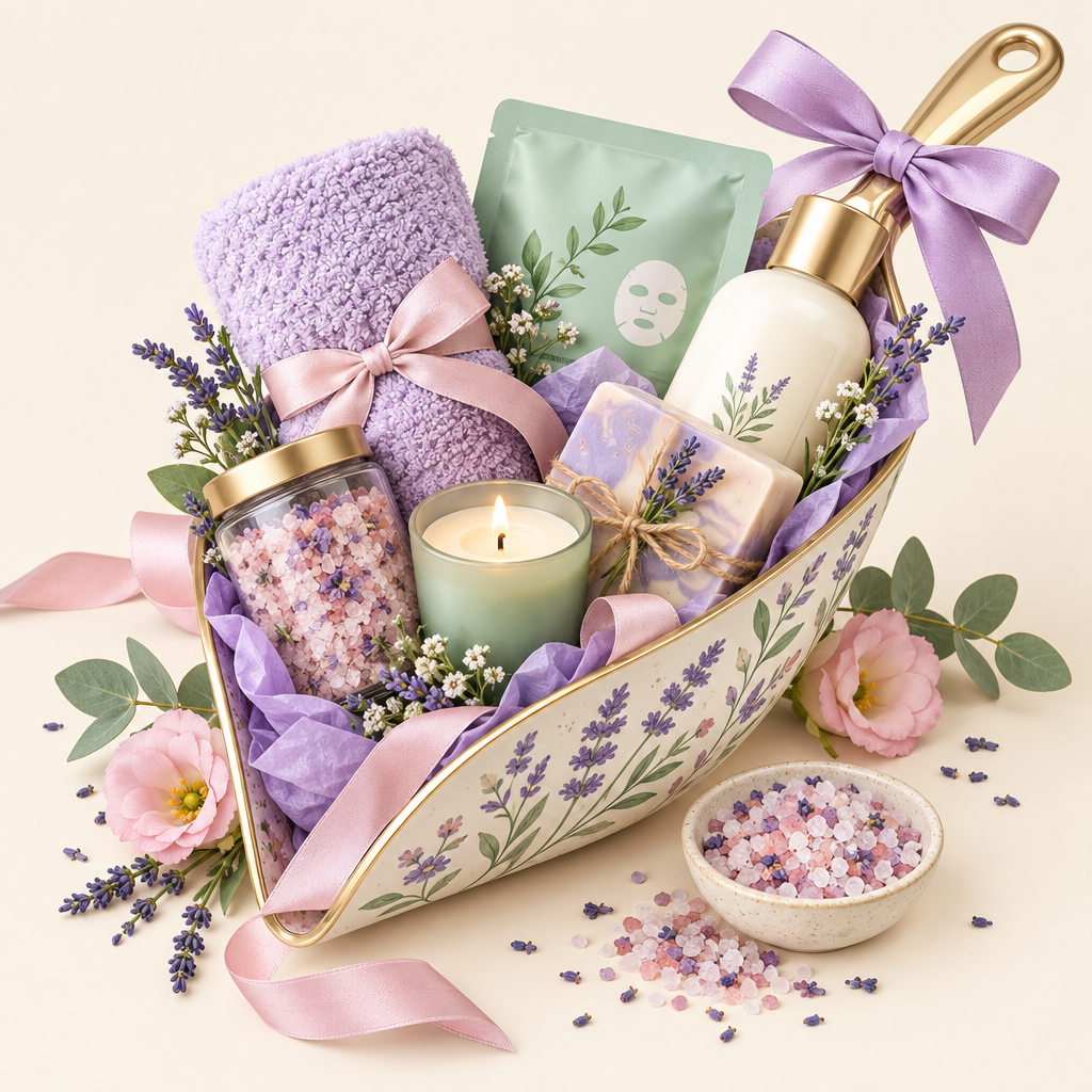 Spa mystery scoop with calming self-care gifts in lavender, blush, and sage