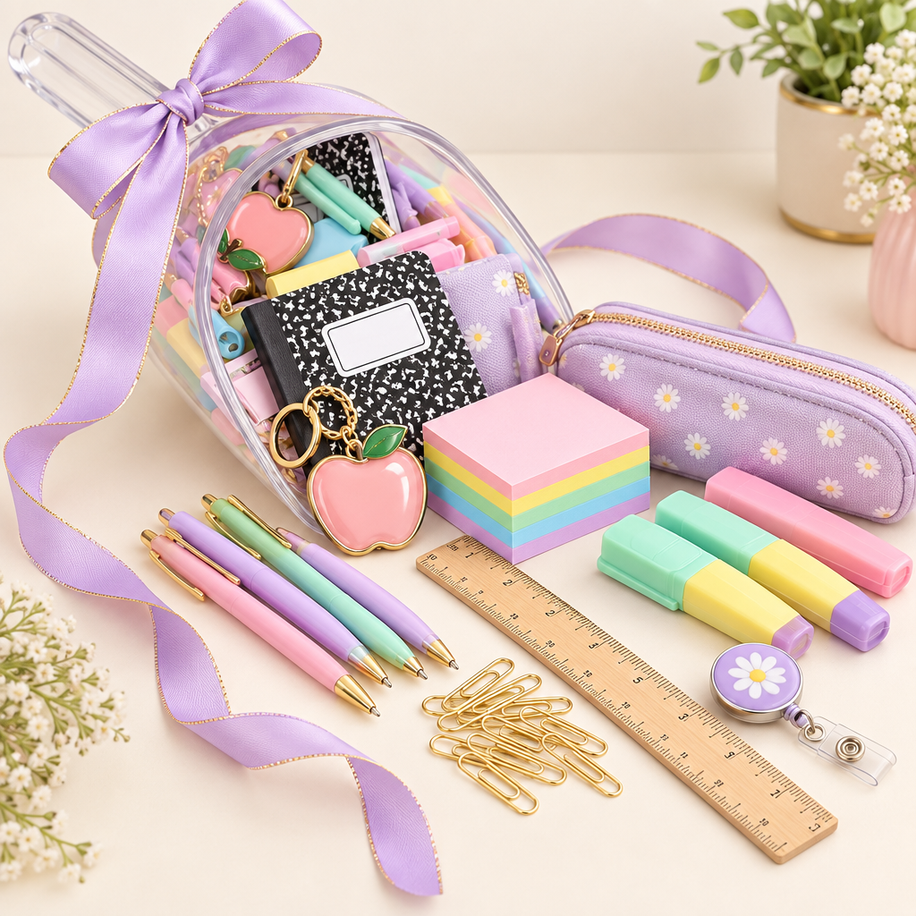 Pastel Teacher mystery scoop with classroom-themed gifts and stationery